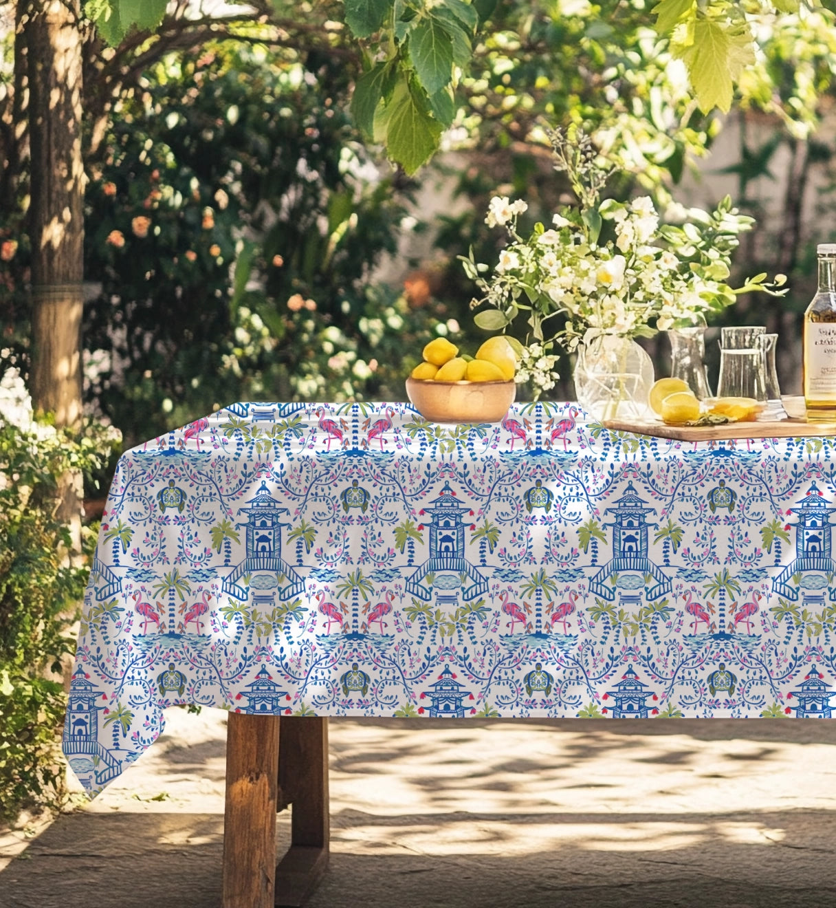 Colorful Chinoiserie Cotton Twill Tablecloth