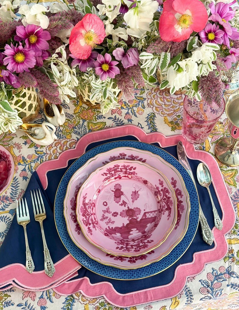 Navy with Pink Border Linen Napkin - Set of 4