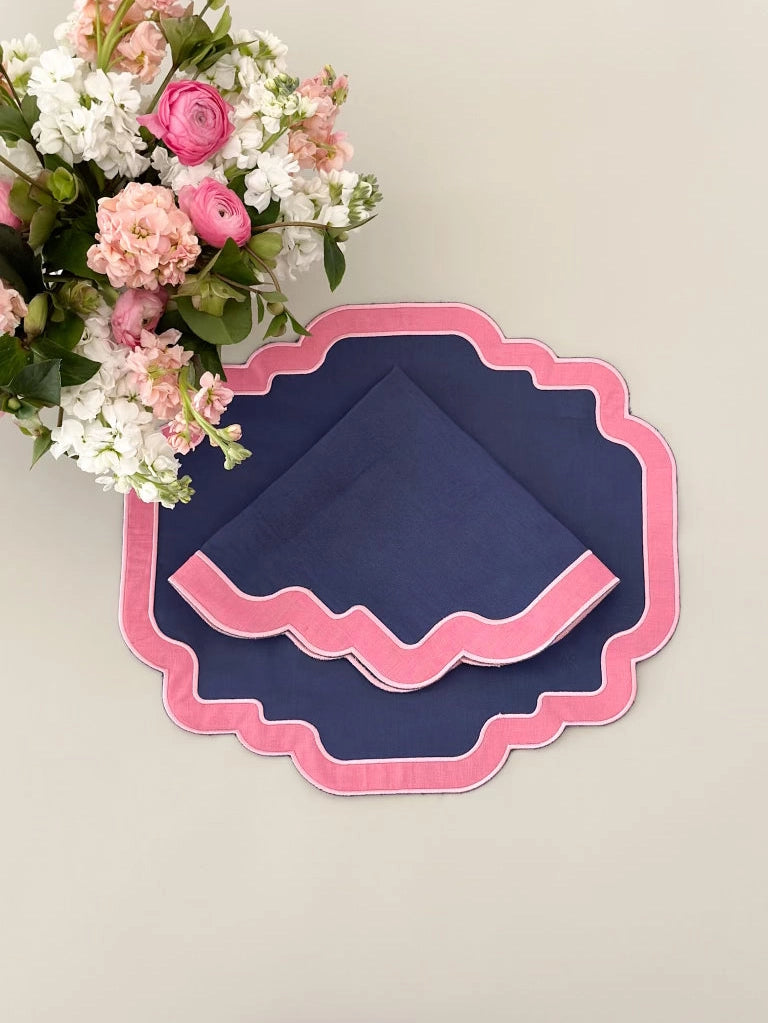 Navy with Pink Border Linen Napkin - Set of 4